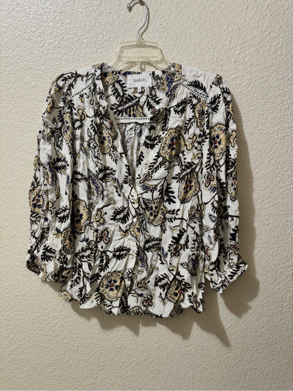 ba&sh White Floral Print V-Neck Blouse with Black & Gold Accents S
